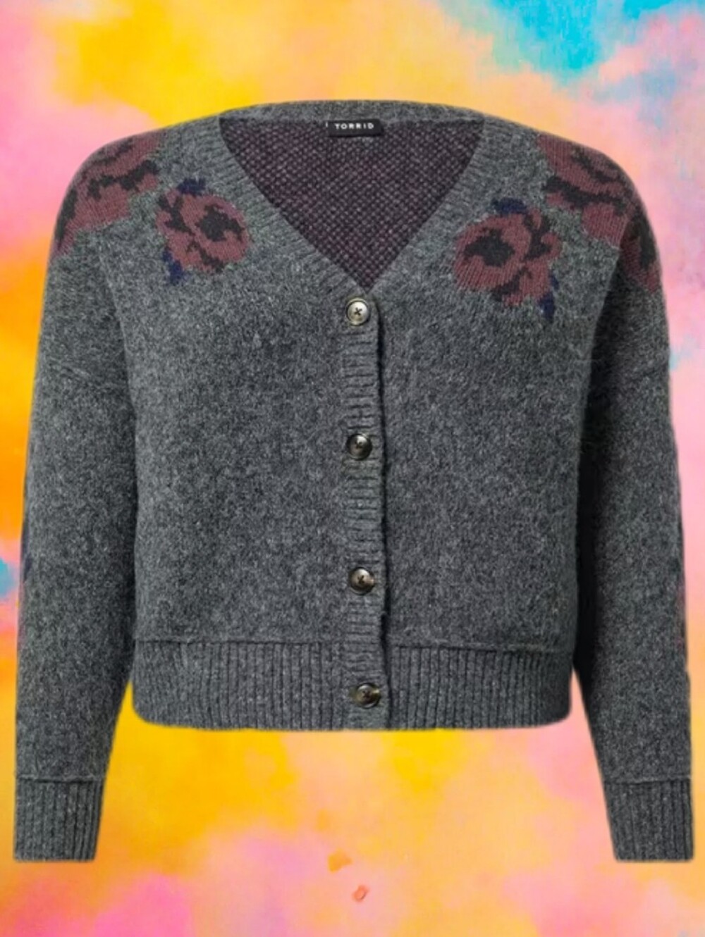 torrid Charcoal Gray V-Neck Button Cardigan, Rose Motif, Vegan Cashemere, 1x